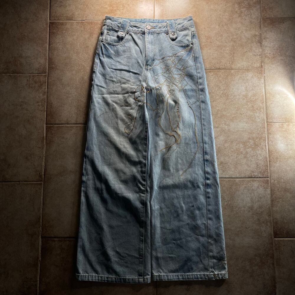 Spider Web Embroidered Blue Wide-Leg Baggy Denim Jeans size 29